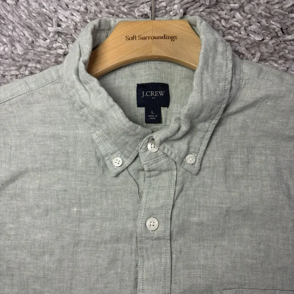 J Crew Linen Button Down Shirt Mens Large Short Sleeve Gray Cotton Beach Summer